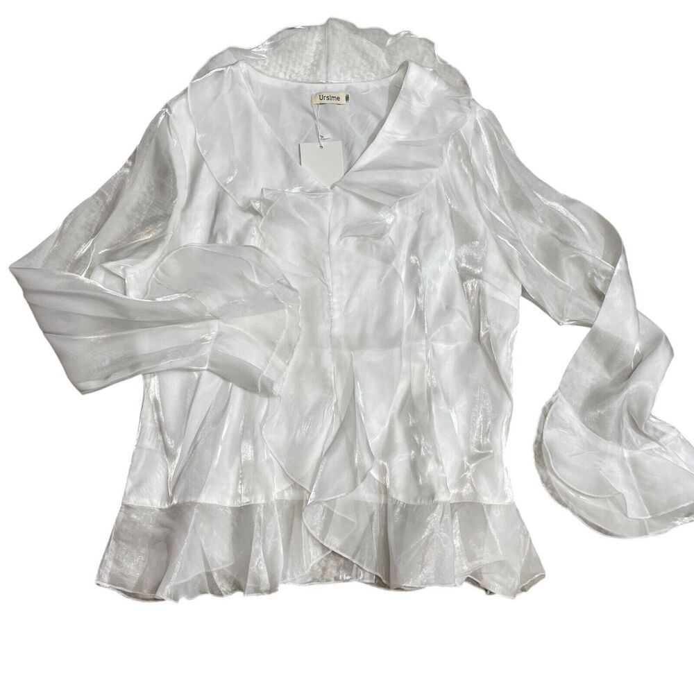 Ursime 3XL Organza Top New w/ Tags Pure White Shimmer‎ Sheer Sleeves Side Zip